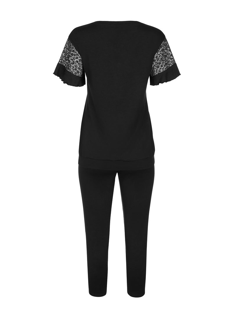 Pyjama leggings top manches courtes Smooth Noir - Kiabi