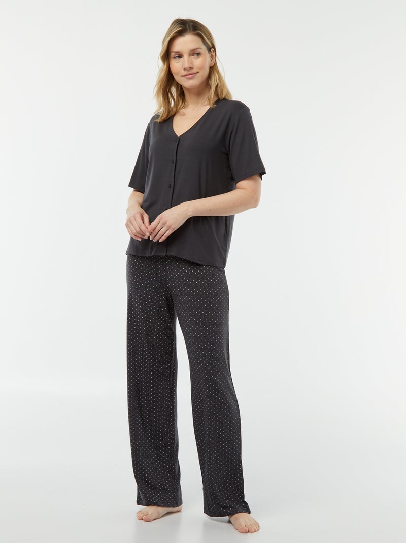 Pyjama long 2 pièces en maille extra-fluide Noir - Kiabi