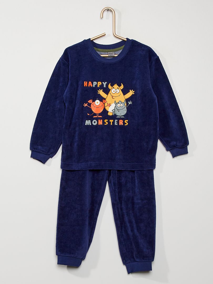 Pyjama long 2 pièces velours 'monstres' bleu marine - Kiabi