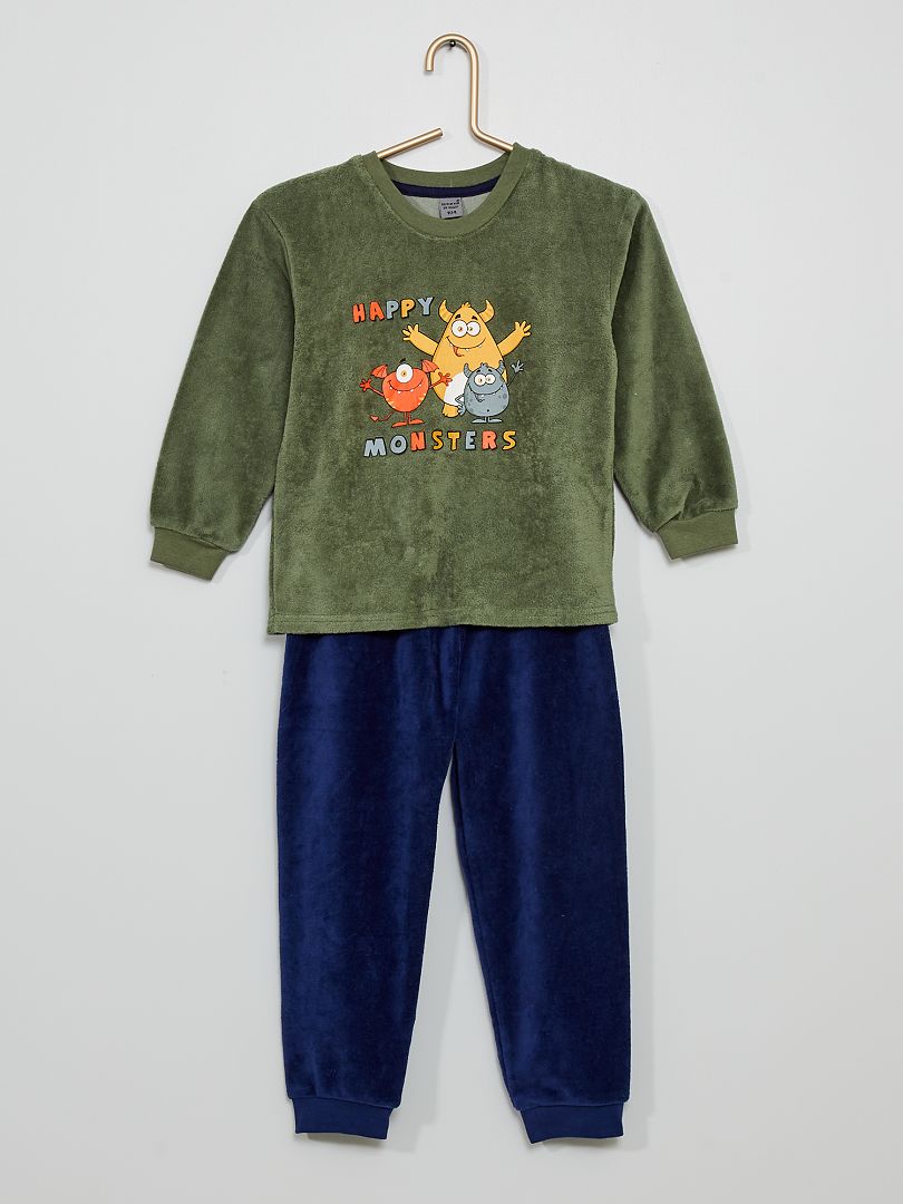 Pyjama long 2 pièces velours 'monstres' vert/bleu - Kiabi