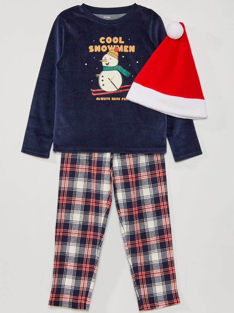 Pyjama long + Bonnet de noël - 3 pièces Bleu - Kiabi