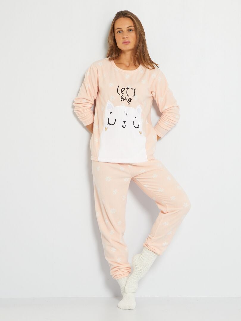 Pyjama long 'chat' - 2 pièces rose - Kiabi