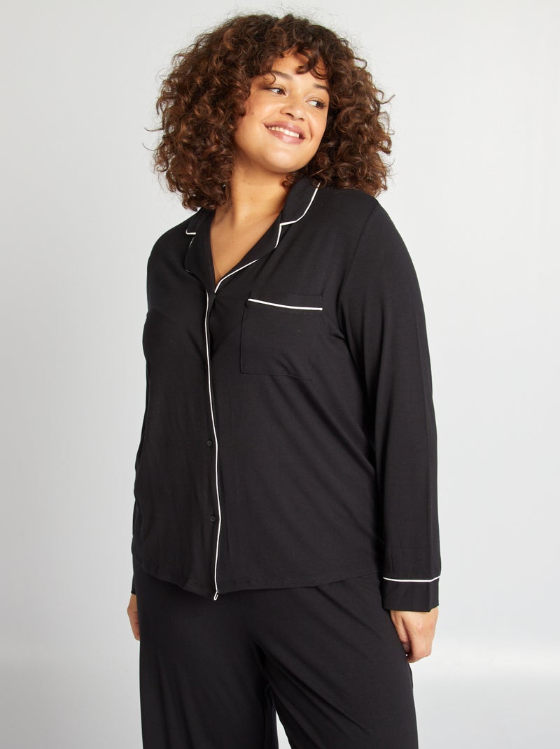 Pyjama long chemise + pantalon - 2 pièces noir - Kiabi