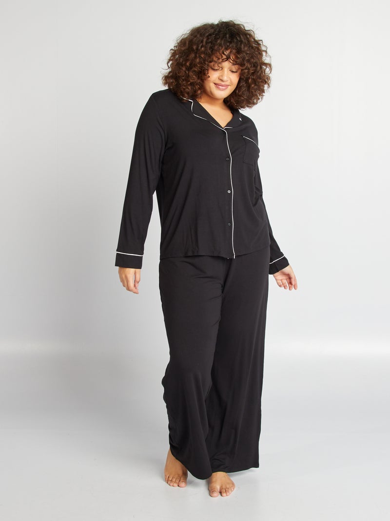 Pyjama long chemise + pantalon - 2 pièces noir - Kiabi