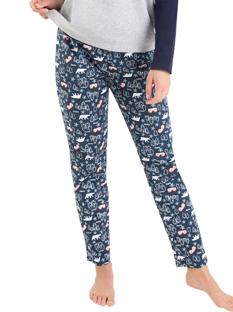 Pyjama long col rond femme Family Gris Bleu - Kiabi