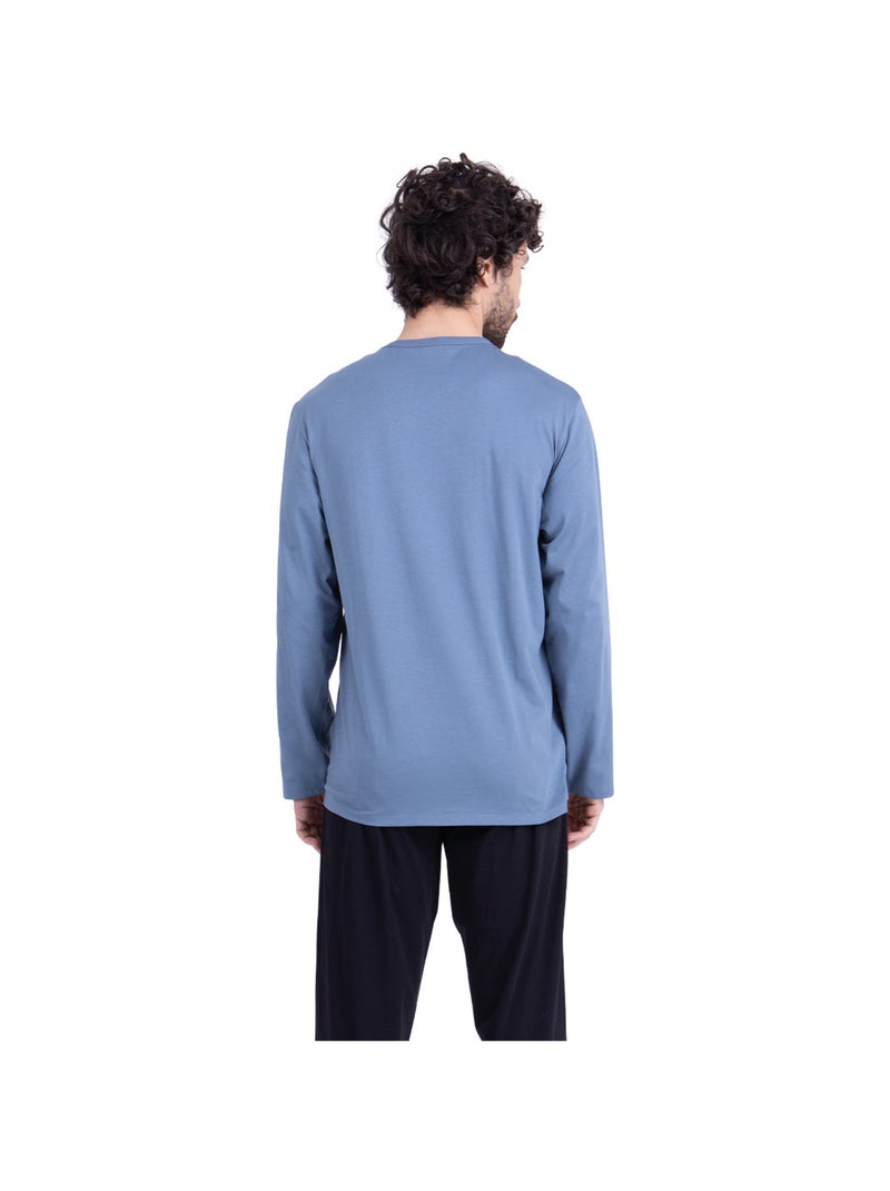 Pyjama long col rond homme My Petit Prix Athena Bleu Noir - Kiabi