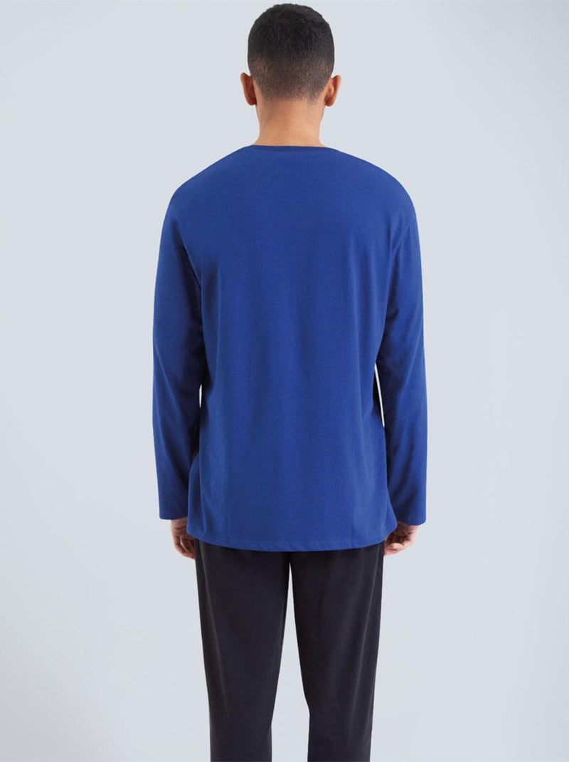 Pyjama long col rond homme Nightwear Bleu Noir - Kiabi