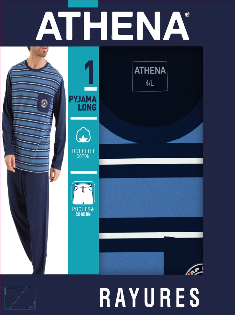 Pyjama long col rond homme Rayures Cap Horn Athena Bleu - Kiabi