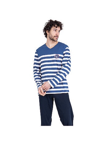 Pyjama long col rond homme Rayures Ocean Club Athena