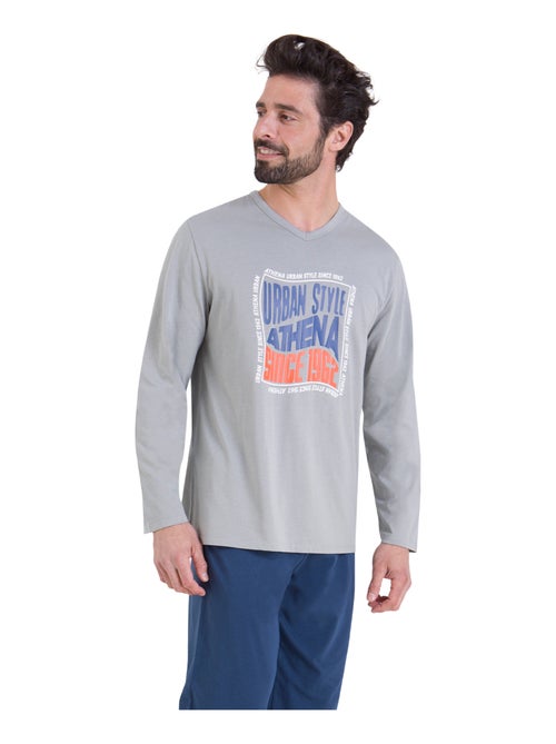 Pyjama long col V homme Eco Pack Serigraphie Athena - Kiabi