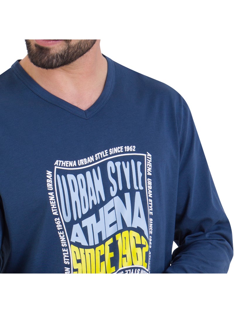 Pyjama long col V homme Ecopack Sérigraphie Athena Bleu - Kiabi