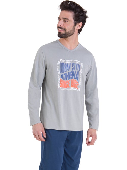 Pyjama long col V homme Ecopack Serigraphie Athena - Kiabi
