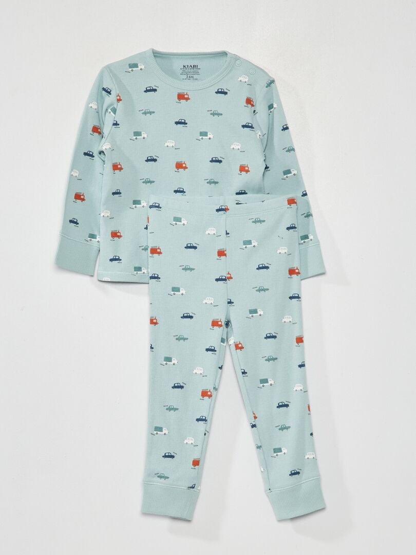 Pyjama long côtelé - 2 pièces Vert - Kiabi