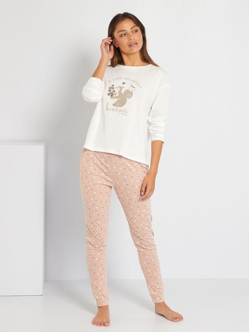 Pyjama long en jersey - 2 pièces écru/rose - Kiabi