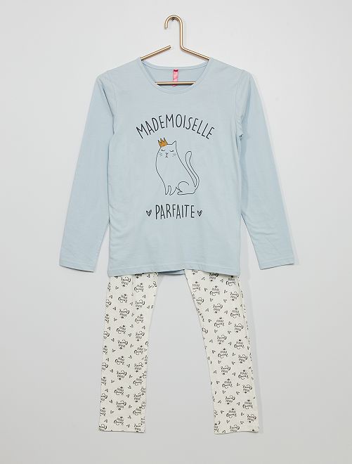 Pyjama long en jersey imprimé 'chat'                                         bleu 
