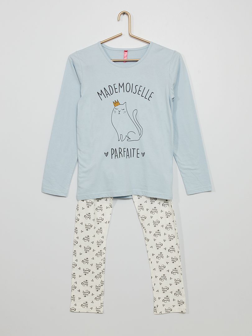 Pyjama long en jersey imprimé 'chat' bleu - Kiabi