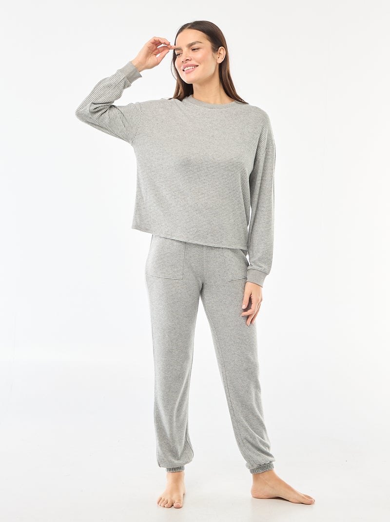Pyjama long en maille chaude - 2 pièces Gris rayé - Kiabi