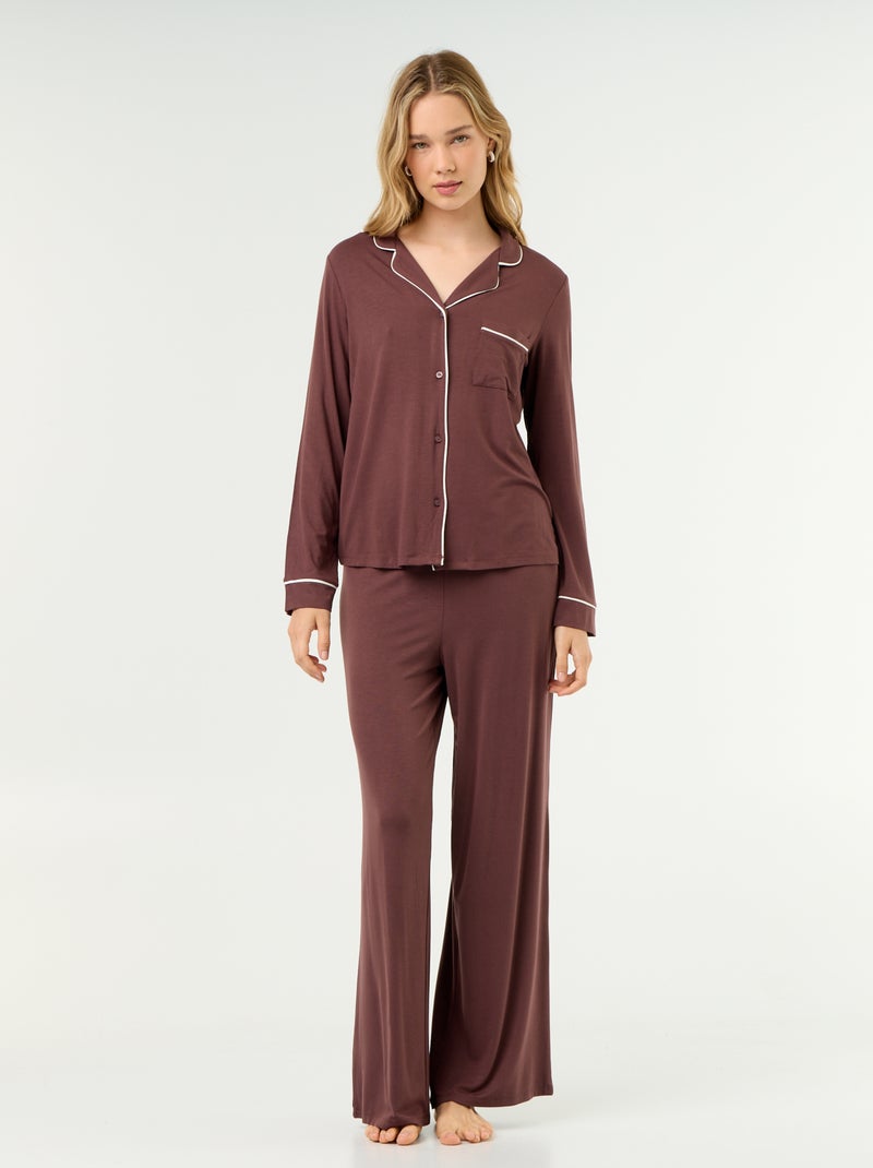 Pyjama long en maille douce stretch - 2 pièces Marron - Kiabi