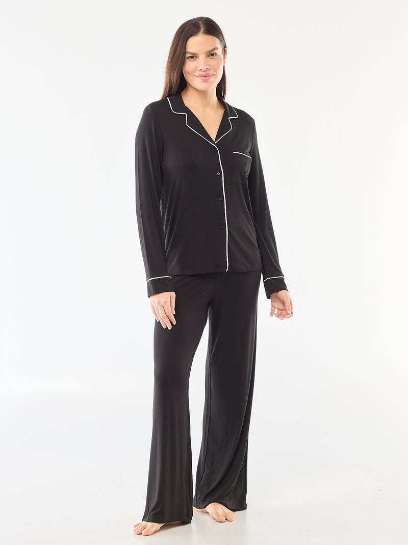 Pyjama long en maille douce stretch - 2 pièces Noir - Kiabi