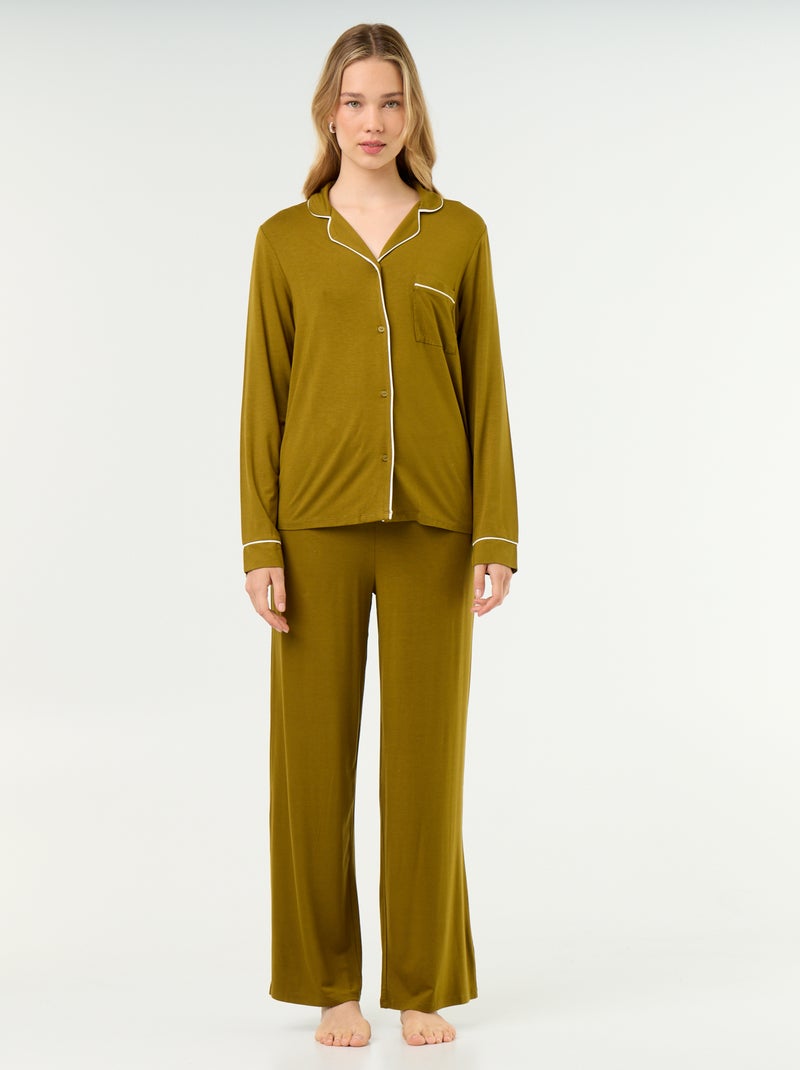 Pyjama long en maille douce stretch - 2 pièces Vert - Kiabi