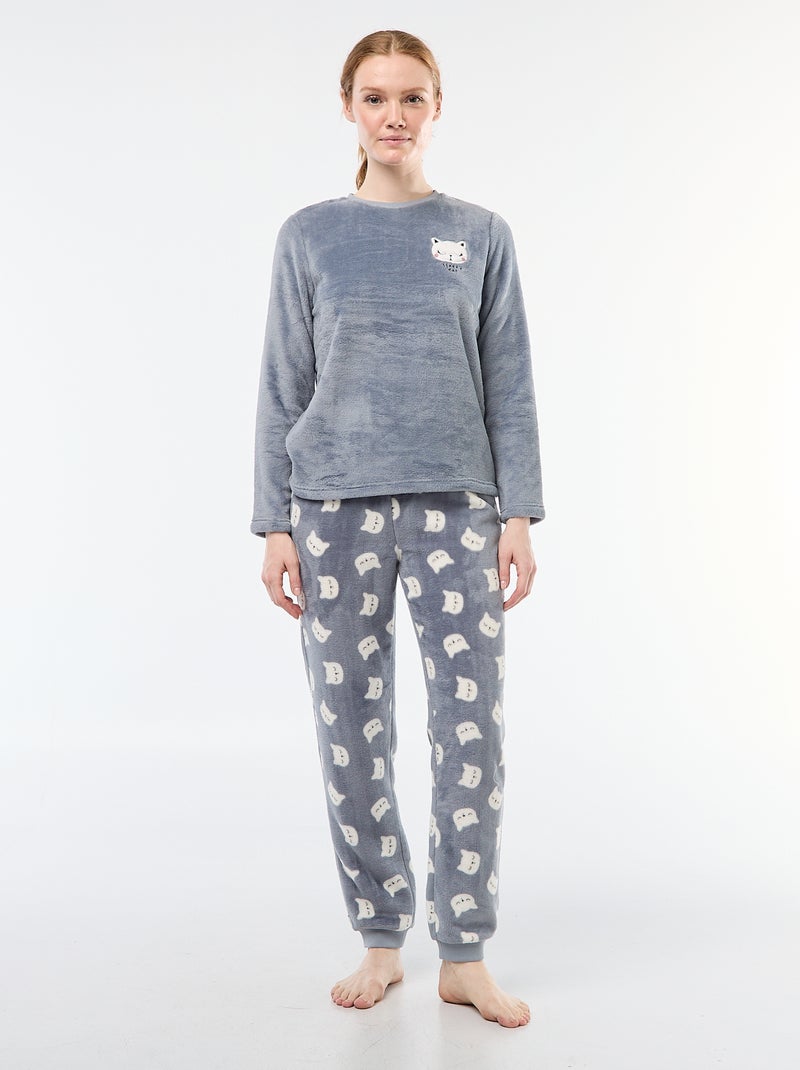 Pyjama long en maille doudou - 2 pièces Bleu - Kiabi