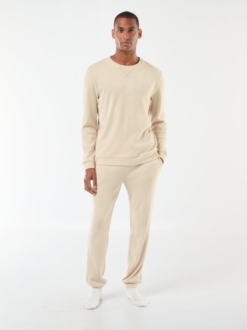 Pyjama long en matière gaufrée et douce - 2 pièces Beige - Kiabi