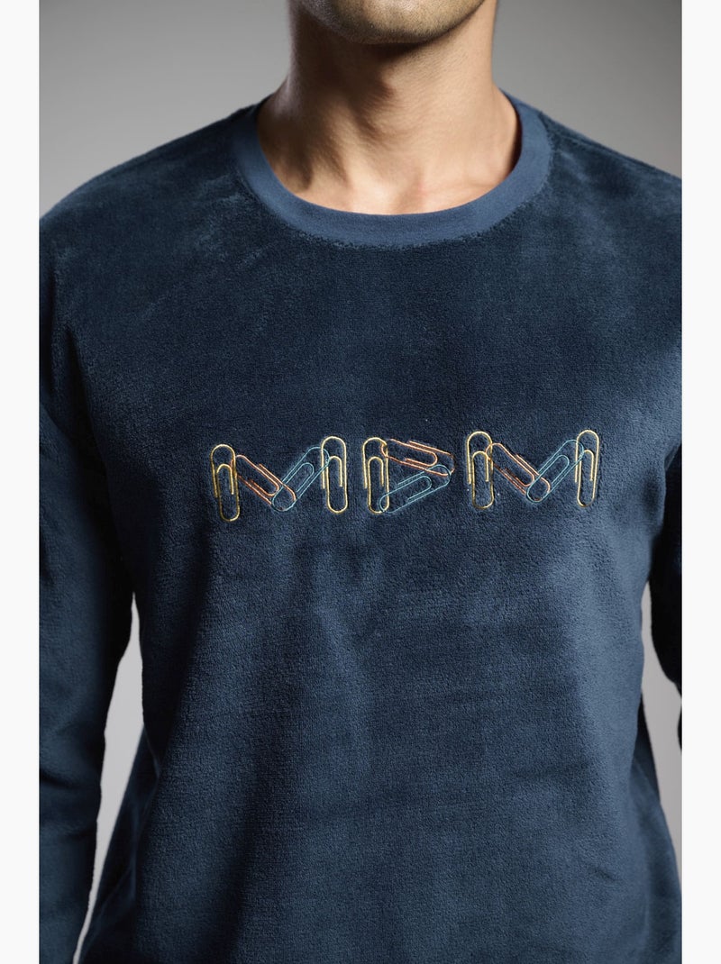 Pyjama long en polaire pour homme avec détails brodés Bleu marine - Kiabi