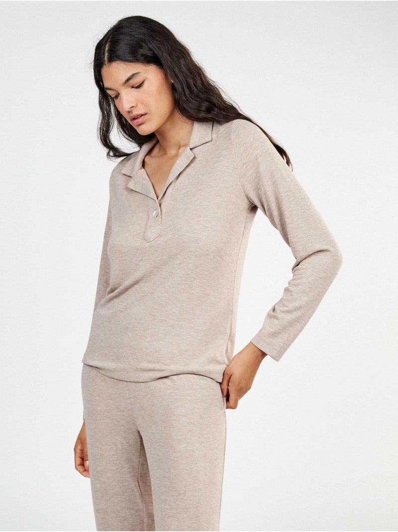 Pyjama long en tricot uni Beige - Kiabi