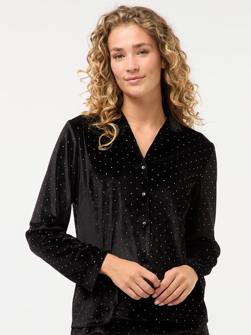 Pyjama long en velours avec motif points dorés - 2 pièces Noir - Kiabi