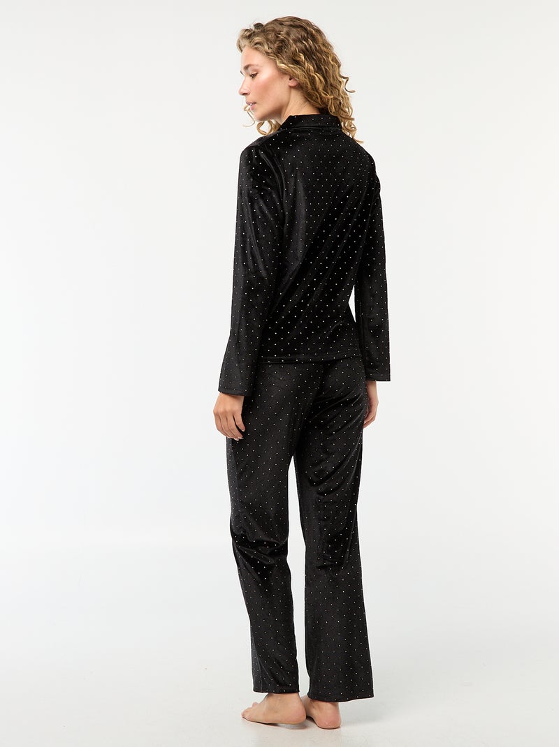 Pyjama long en velours avec motif points dorés - 2 pièces Noir - Kiabi