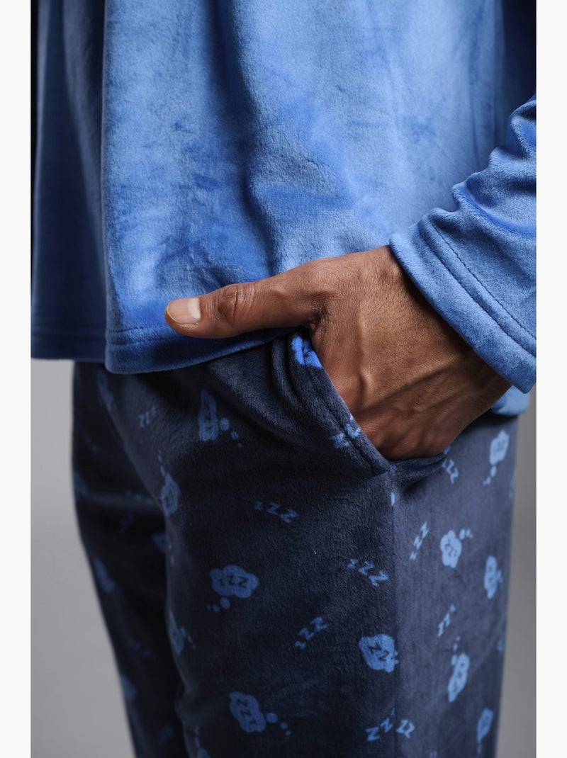 Pyjama long en velours pour homme avec un imprimé réveil-sommeil Bleu - Kiabi