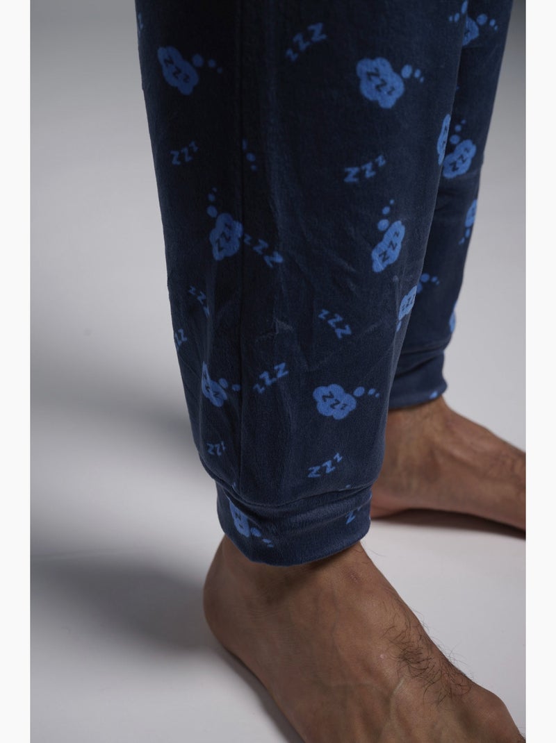 Pyjama long en velours pour homme avec un imprimé réveil-sommeil Bleu - Kiabi