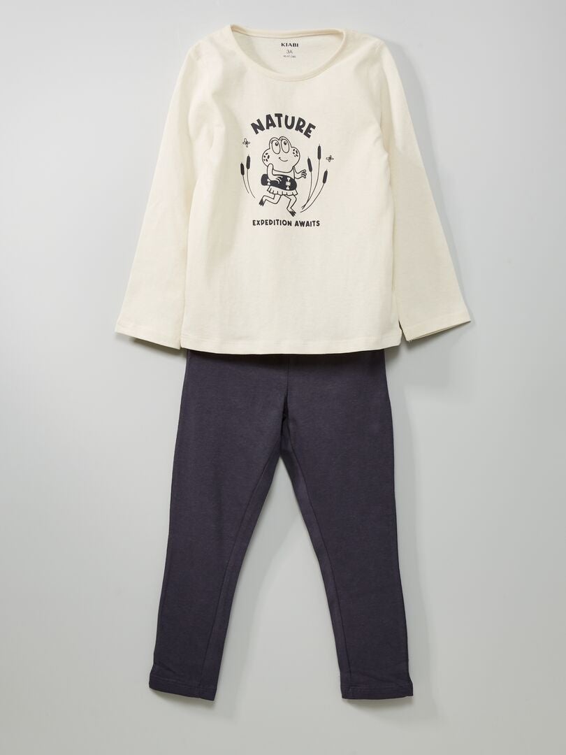 Pyjama long imprimé en coton 2 pièces Ecru/gris - Kiabi