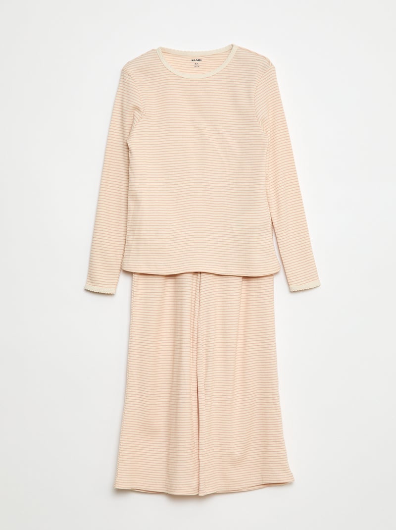 Pyjama long imprimé rayé - 2 pièces Beige - Kiabi