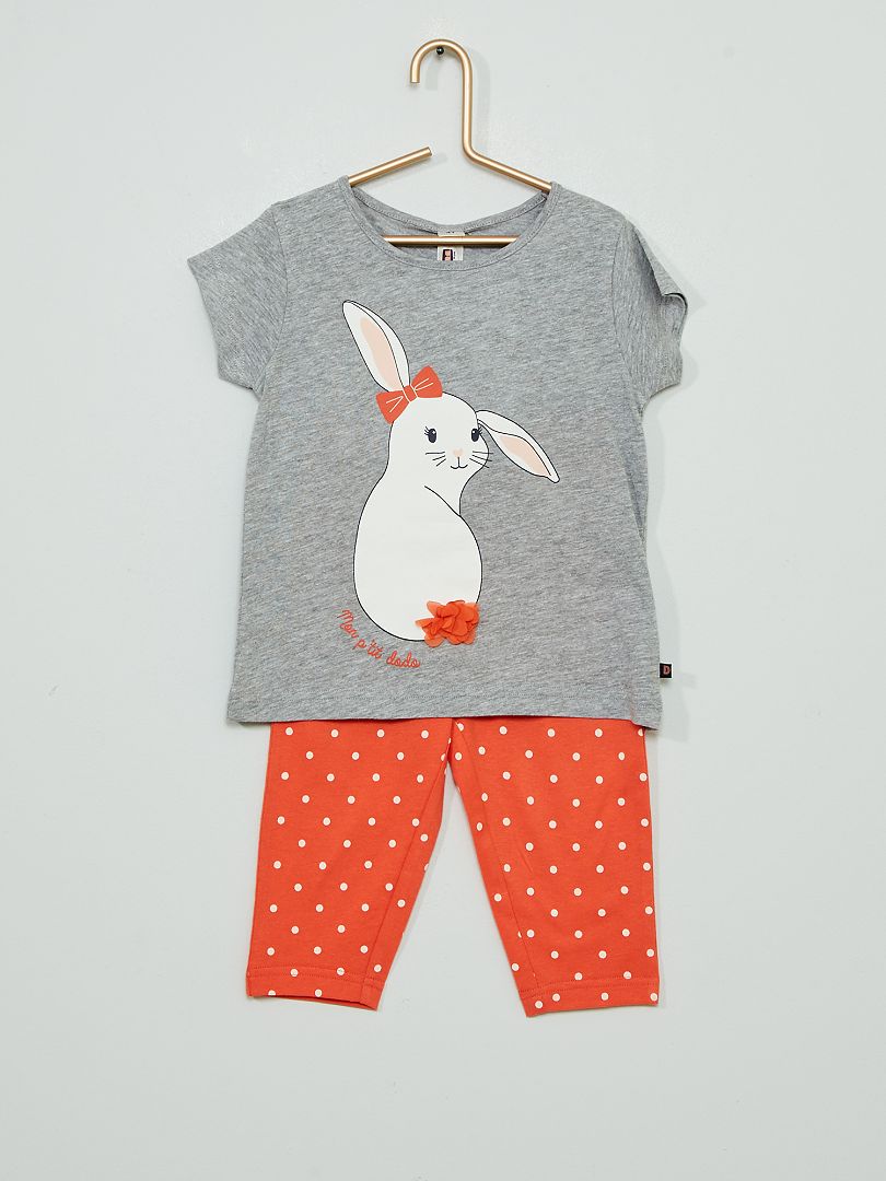 Pyjama long 'lapin' rouge/gris - Kiabi