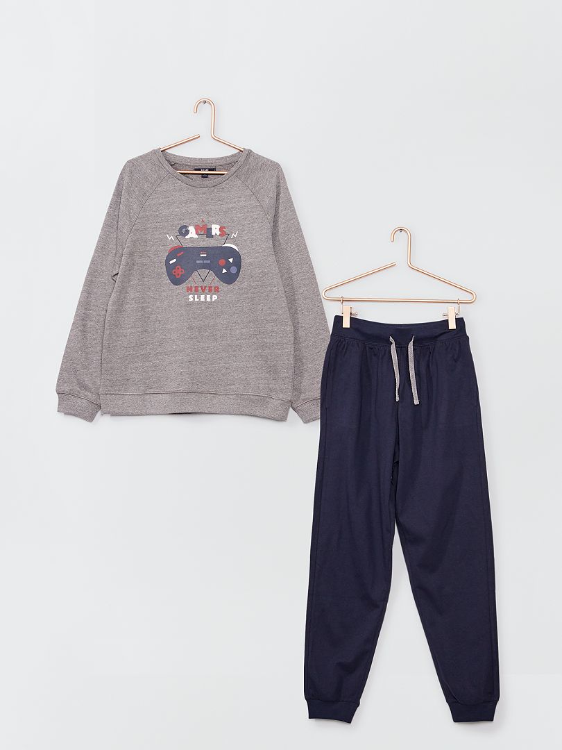 Pyjama long sweat en molleton gris/marine - Kiabi