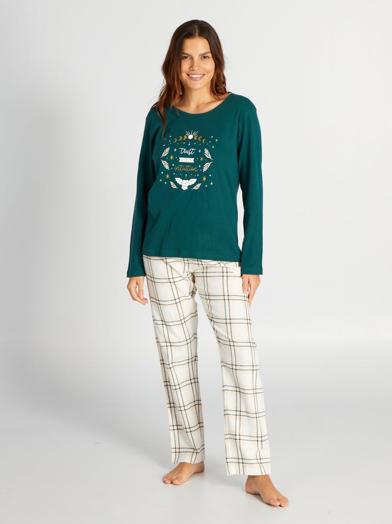 Pyjama long t-shirt + pantalon en flanelle - 2 pièces Vert - Kiabi