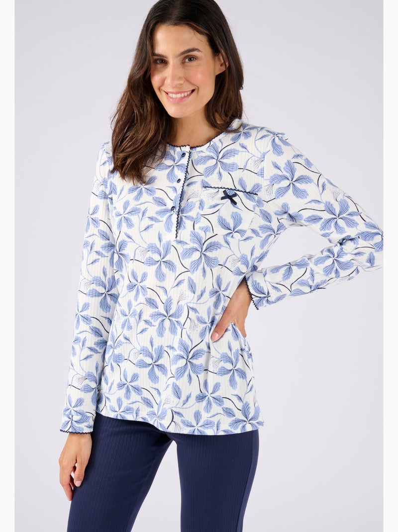Pyjama maille côtelée, intérieur légèrement gratté - Damart Bleu clair - Kiabi