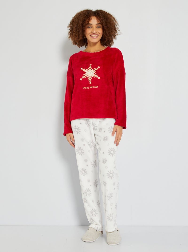 Pyjama maille peluche - 2 pièces écru/rouge - Kiabi