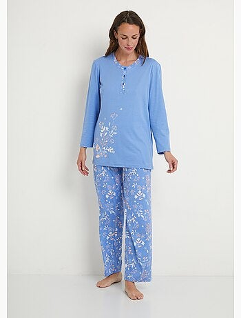 Pyjama manches longues coton uni fleuri - Afibel
