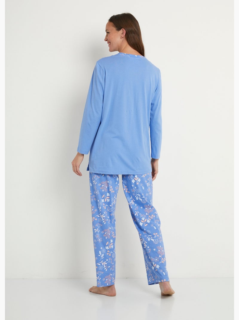 Pyjama manches longues coton uni fleuri - Afibel Bleu Rose - Kiabi
