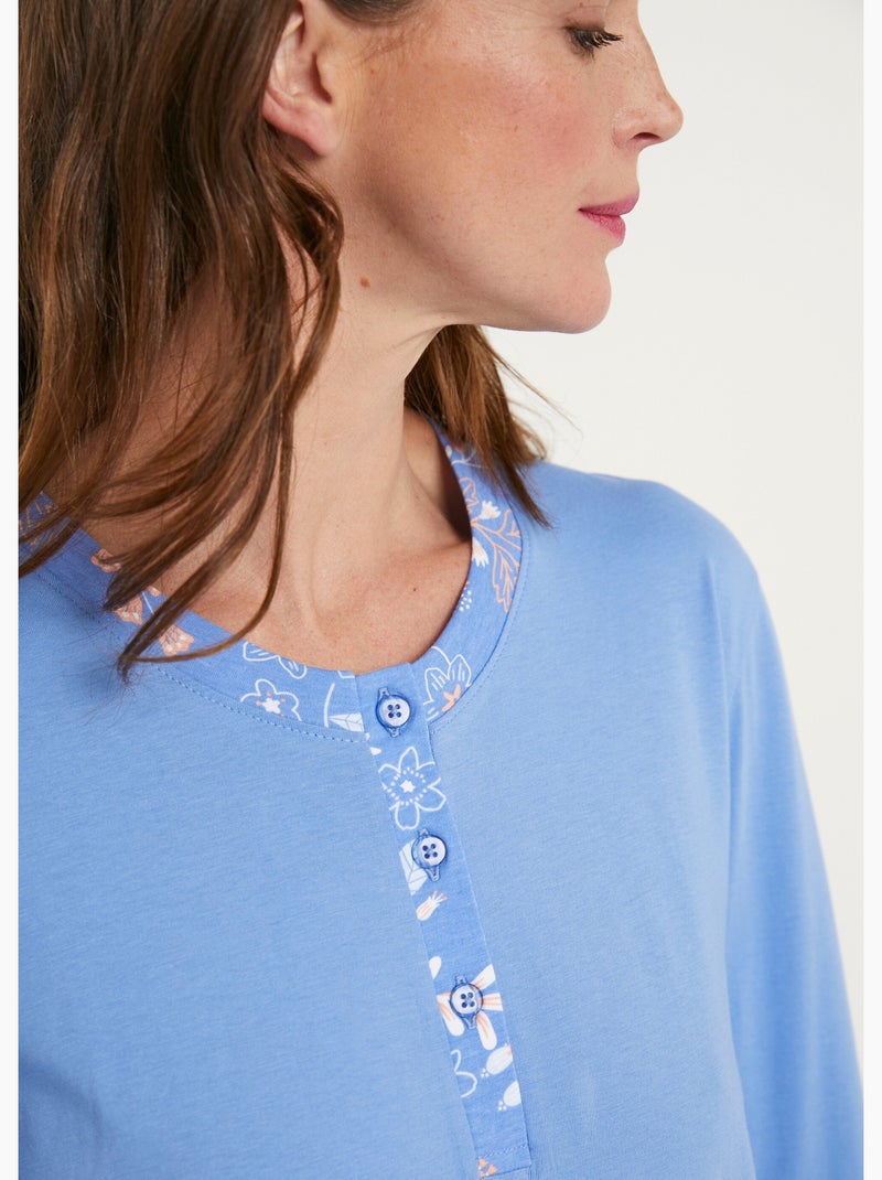 Pyjama manches longues coton uni fleuri - Afibel Bleu Rose - Kiabi