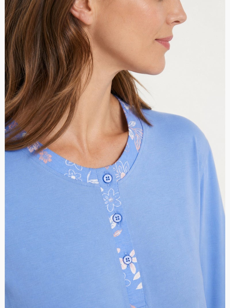 Pyjama manches longues coton uni fleuri - afibel Bleu Rose - Kiabi
