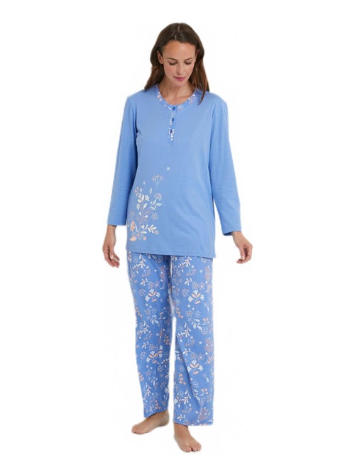 Pyjama manches longues coton uni fleuri - Kiabi