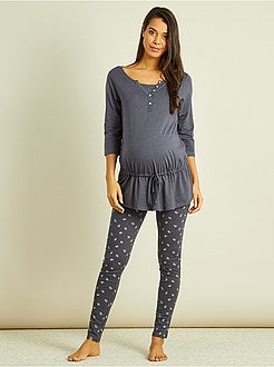Pyjama Allaitement Maternité Hiver – Manches Longues, 90% Coton, 2 Pièces, Taille élastique à Boutons