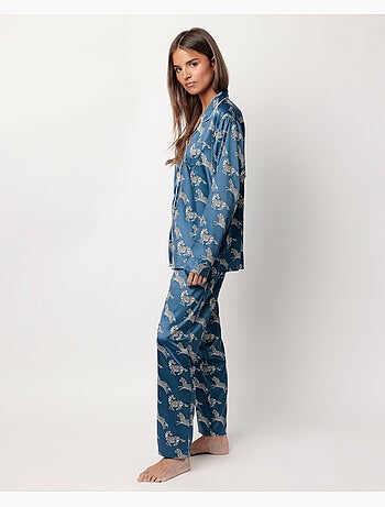 Pyjama ouvert à manches longues en satin zèbre doré pour femme ADMAS LUXURY