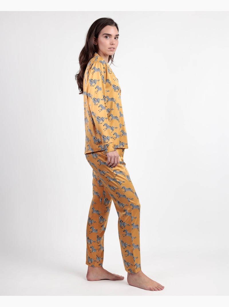 Pyjama ouvert à manches longues en satin zèbre doré pour femme ADMAS LUXURY Ocre - Kiabi
