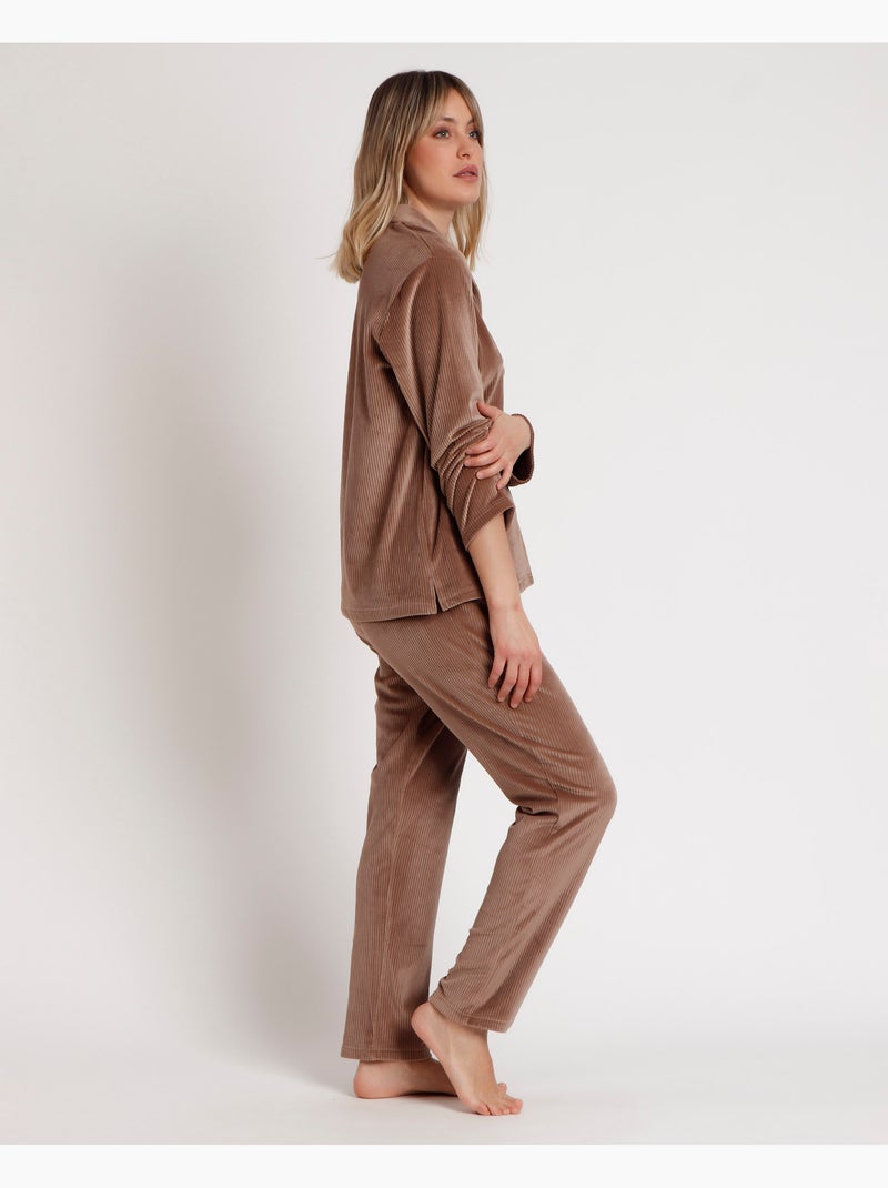 Pyjama ouvert à manches longues et rayures pour femme ADMAS CLASSIC Marron chocolat - Kiabi