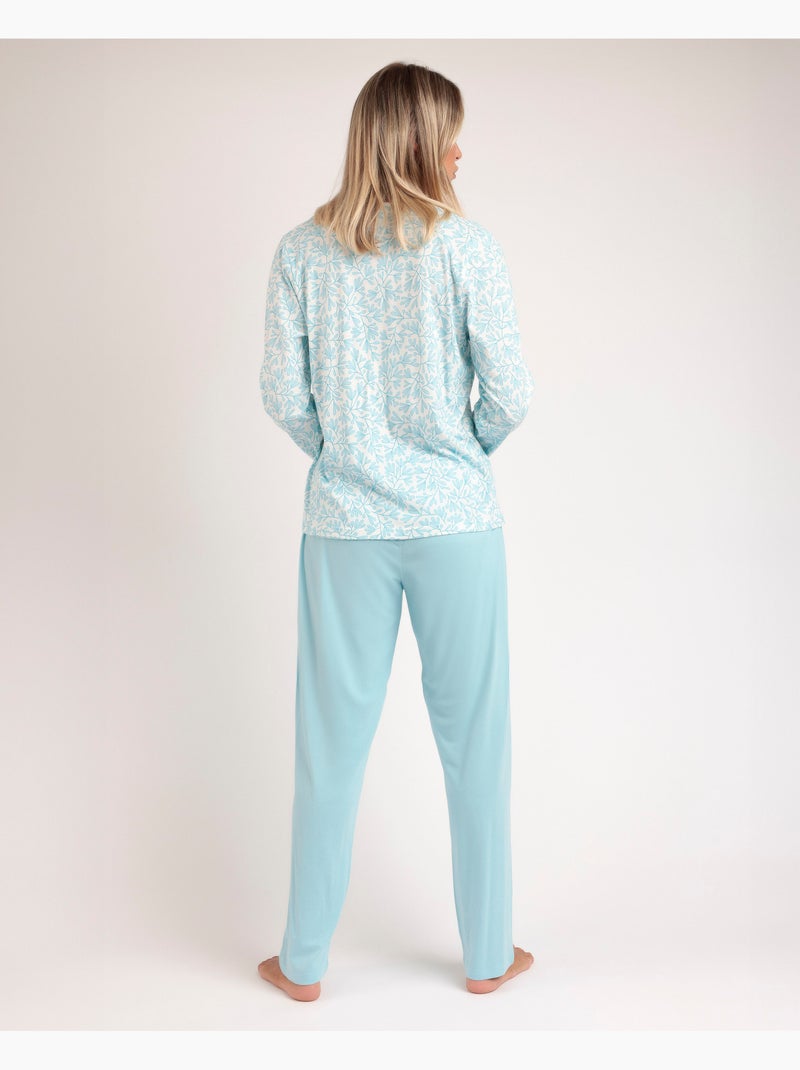 Pyjama ouvert à manches longues pour femme ADMAS CLASSIC, motif feuilles printanières Bleu - Kiabi