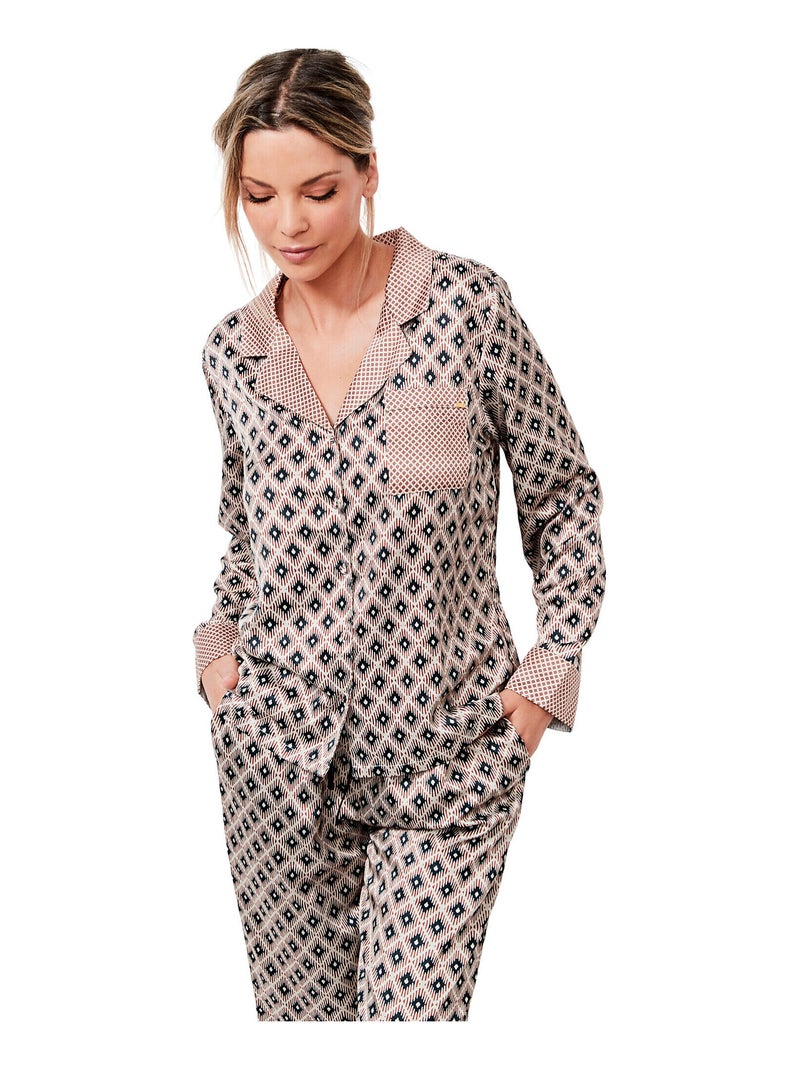 Pyjama pantalon chemise manches longues P116 SATIN SUBLIME Marron - Kiabi